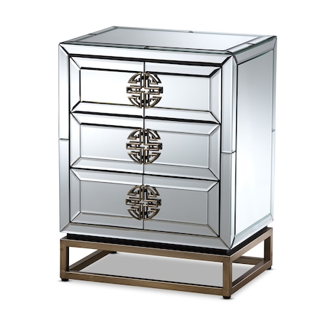 Baxton Studio Laken Contemporary Glam and Luxe Mirrored and Antique Bronze Finished 3-Drawer Nightstand 174-11066-Zoro